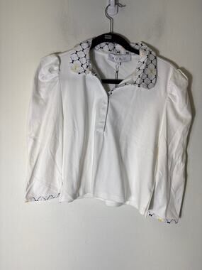 NWT BURU White and Navy Cropped Peter Pan Shirt Sz M